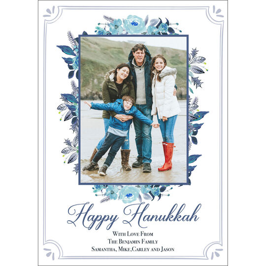 Blue Floral Frame Holiday Photo Cards